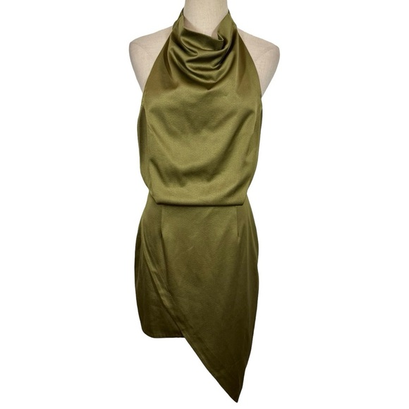 Elliatt Camo Asymmetric Satin Halter Dress in Khaki Green - Picture 7 of 15